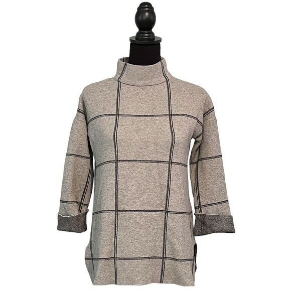 Tahari Sweater Pullover 3/4 Sleeve Gray Windowpanel Plaid Mock Neck Size S - Picture 1 of 11